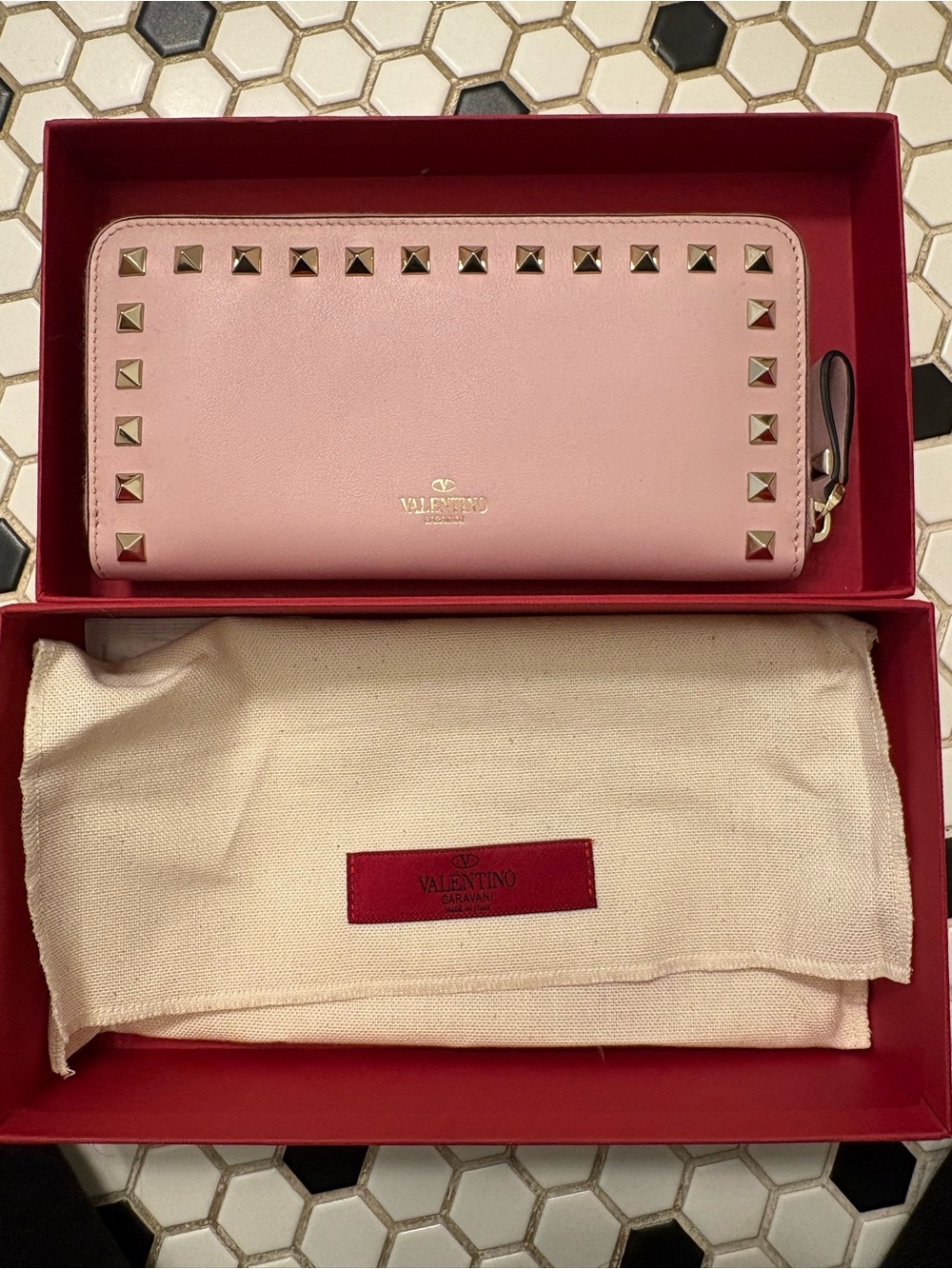 Valentino Pink Leather Rockstud Zip Wallet with Gold Hardware